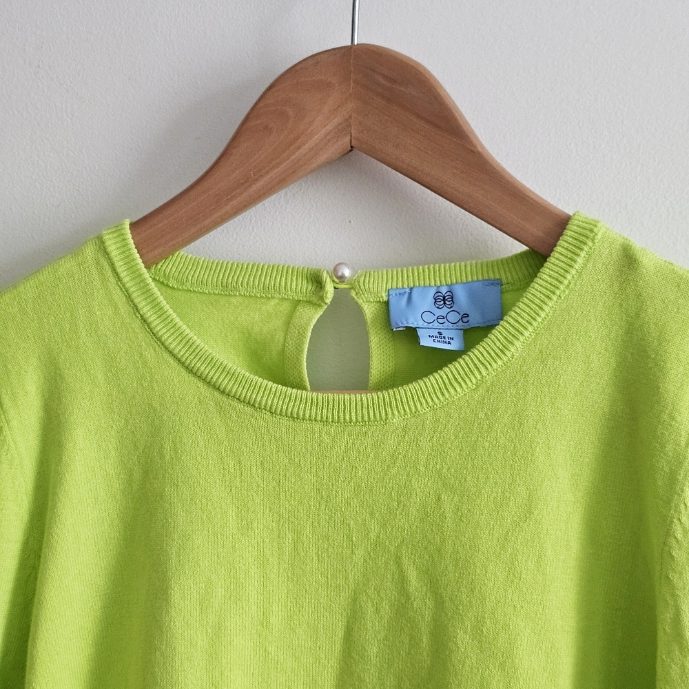 NWT CeCe Puff Sleeve Cotton Crewneck Sweater in Sugar Lime Size Small - Picture 3 of 15